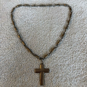 Men’s Vintage Cross Pendant Necklace Silver Tone Chunky Link Chain Religious